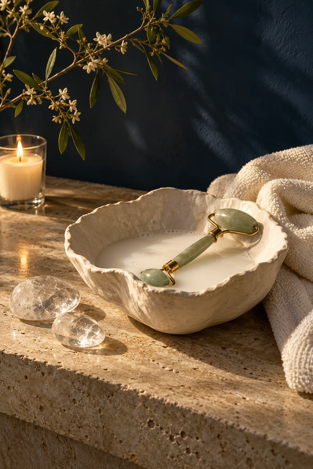 Jade roller, quartz, a candle, and a ceramic bowl arranged on warm stone
